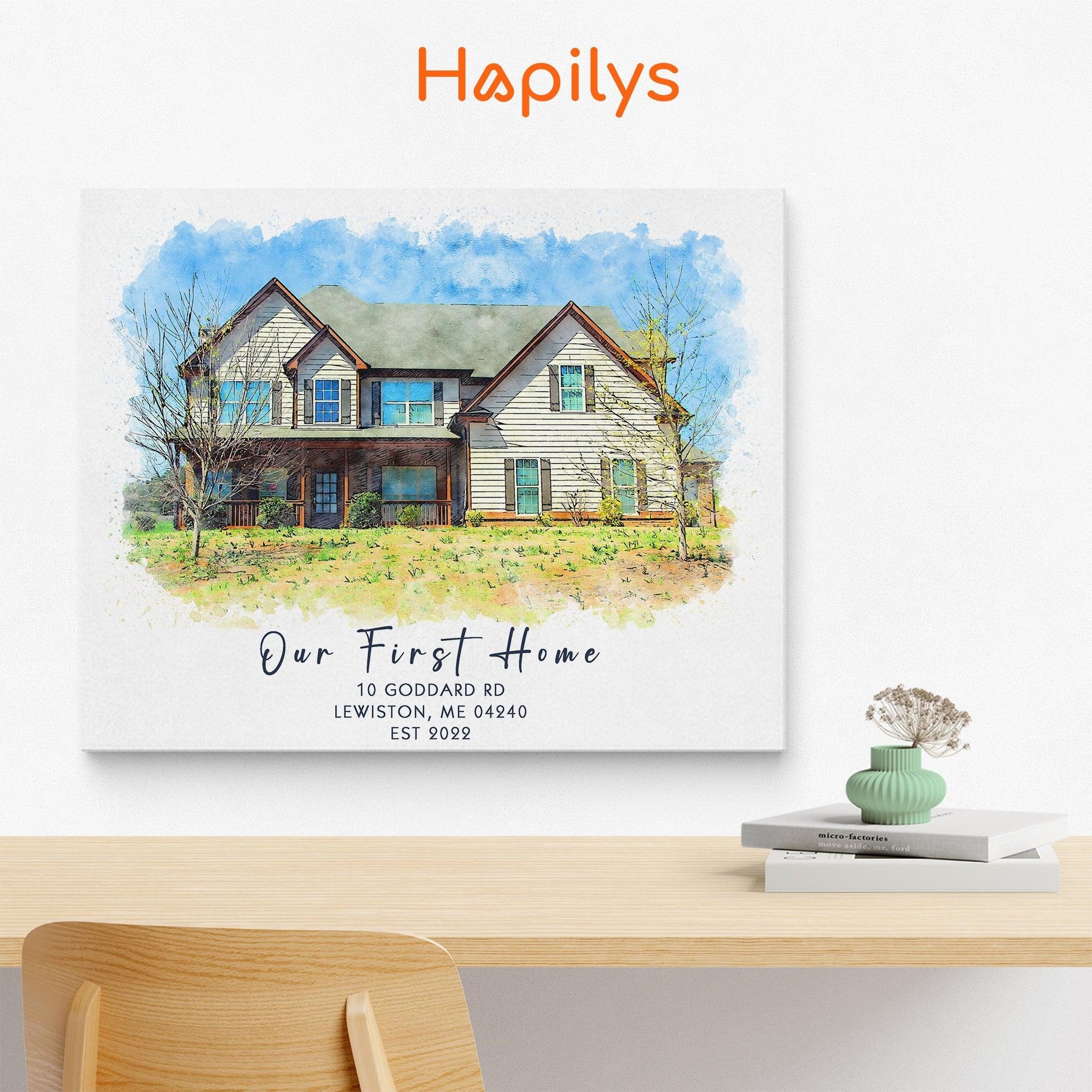 Hapilys Custom Watercolor House Portrait, Home Illustration, Realtor Closing Gift, Watercolor House Portrait from Photo, Housewarming Matte Canvas Gift