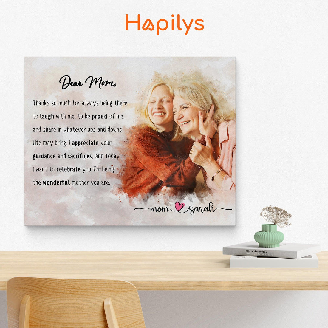 Hapilys Personalized Gift For Mom, Unique Gift For Mother, Watercolor Custom Portrait, Personalized Mother's Day Watercolor Portrait Matte Canvas