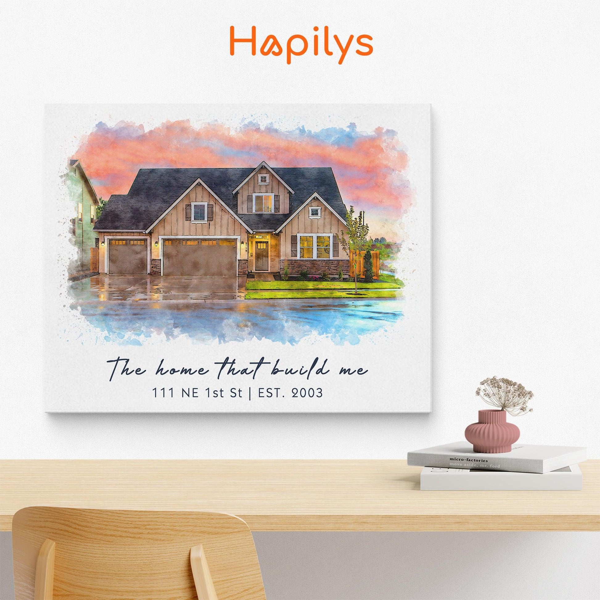 Hapilys Custom Watercolor House Portrait, Personalized Housewarming Gift, Realtor Closing Gift, First Home Gift, Home Illustration Matte Canvas