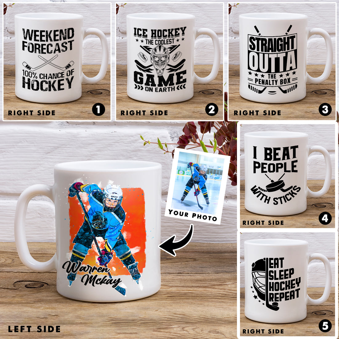 Hapilys Custom Ice Hockey Presents Mug, Sketch Painting Portrait Mug, White Mug 11oz