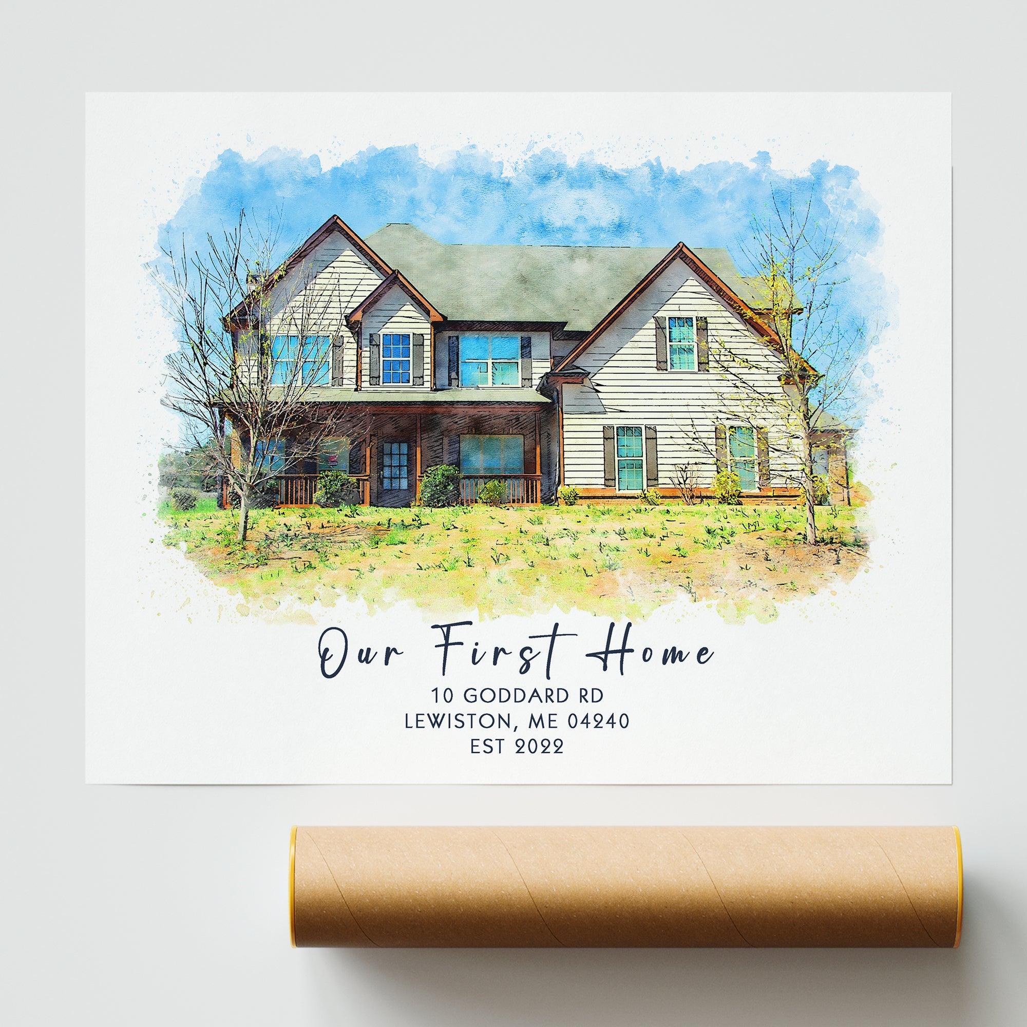 Hapilys Custom Watercolor House Portrait, Personalized Housewarming Gift, Realtor Closing Gift, First Home Gift, Home Illustration Premium Posters