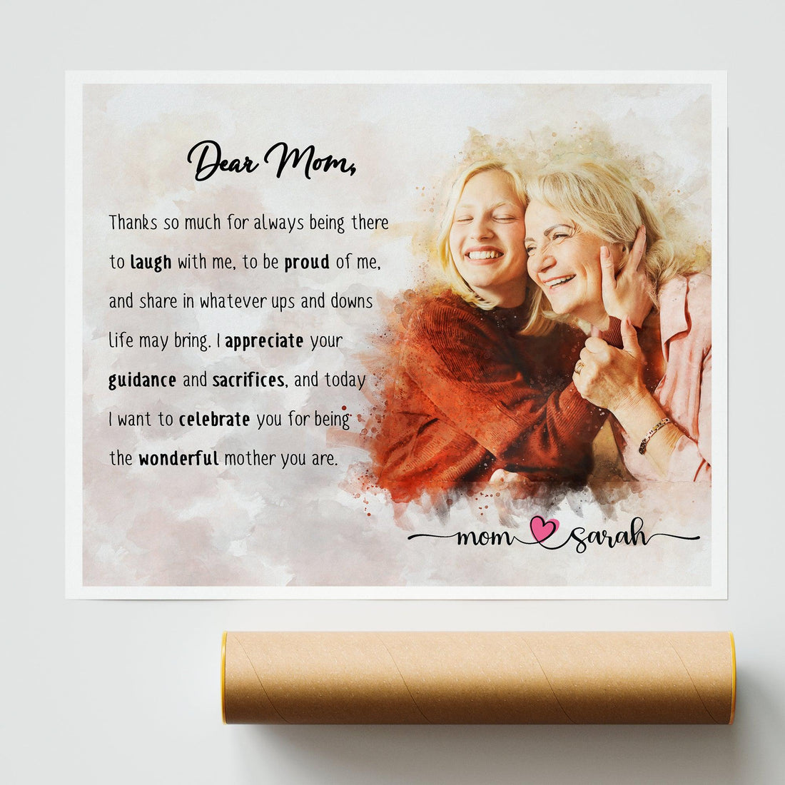 Hapilys Personalized Gift For Mom, Unique Gift For Mother, Watercolor Custom Portrait, Personalized Mother's Day Watercolor Portrait Premium Posters