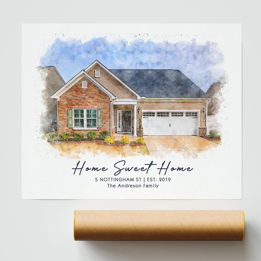 Hapilys Custom Watercolor House Portrait, Watercolor House Portrait from Photo, First Home Gift, Realtor Closing Gift, Home Portrait Premium Posters