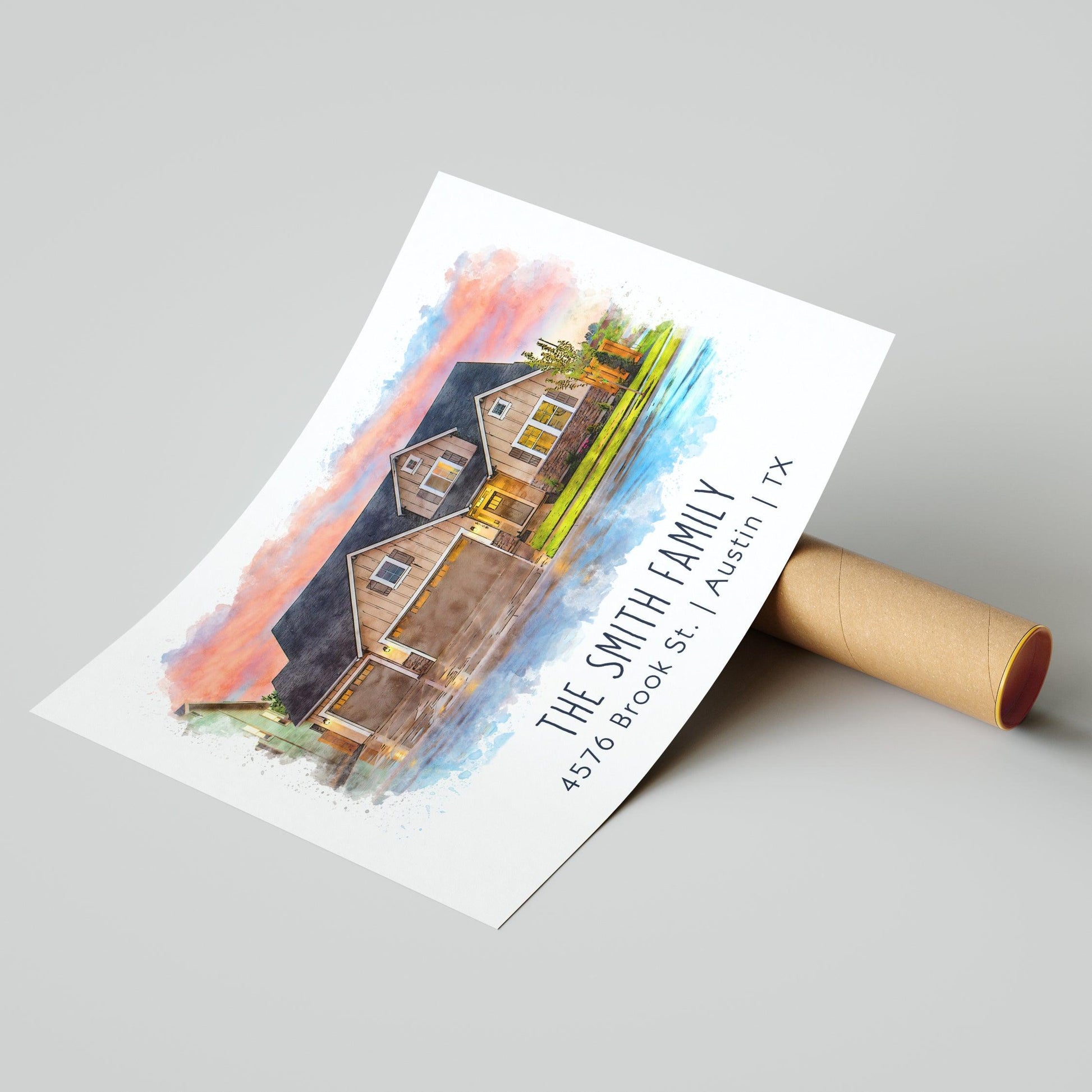 Hapilys Custom Watercolor House Portrait, Watercolor House Portrait from Photo, First Home Gift, Realtor Closing Gift, Home Portrait Premium Posters