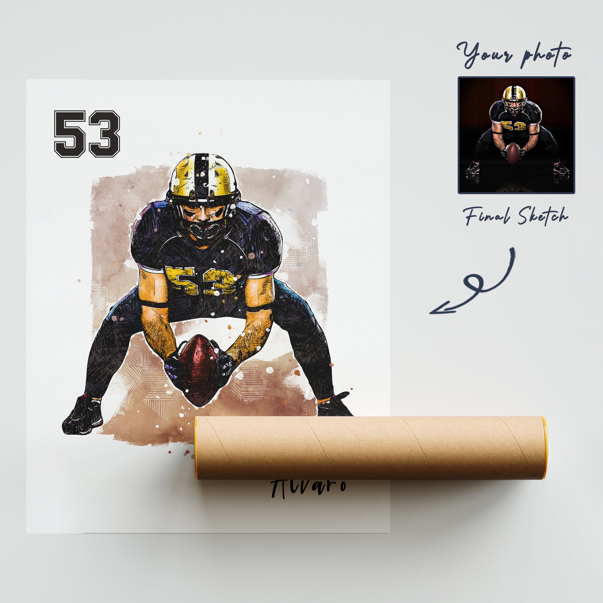 Hapilys Custom American Football Player Gift, Custom Sketch Painting From Photo, Custom Illustration Sketch Effect, Premium Posters