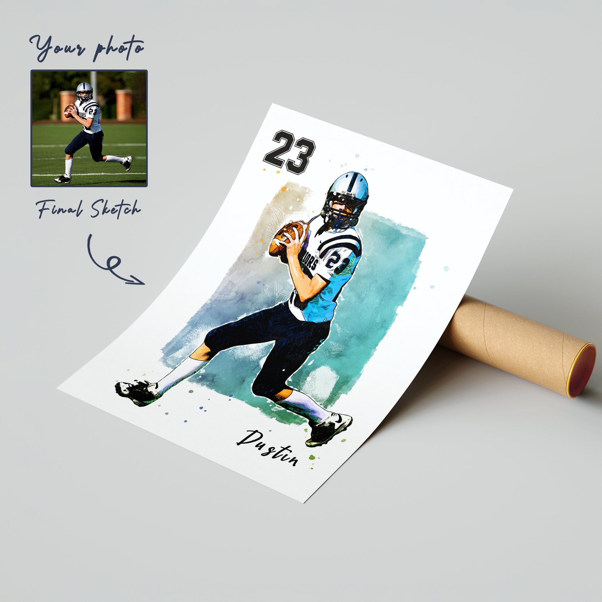 Hapilys Custom American Football Player Gift, Custom Sketch Painting From Photo, Custom Illustration Sketch Effect, Premium Posters