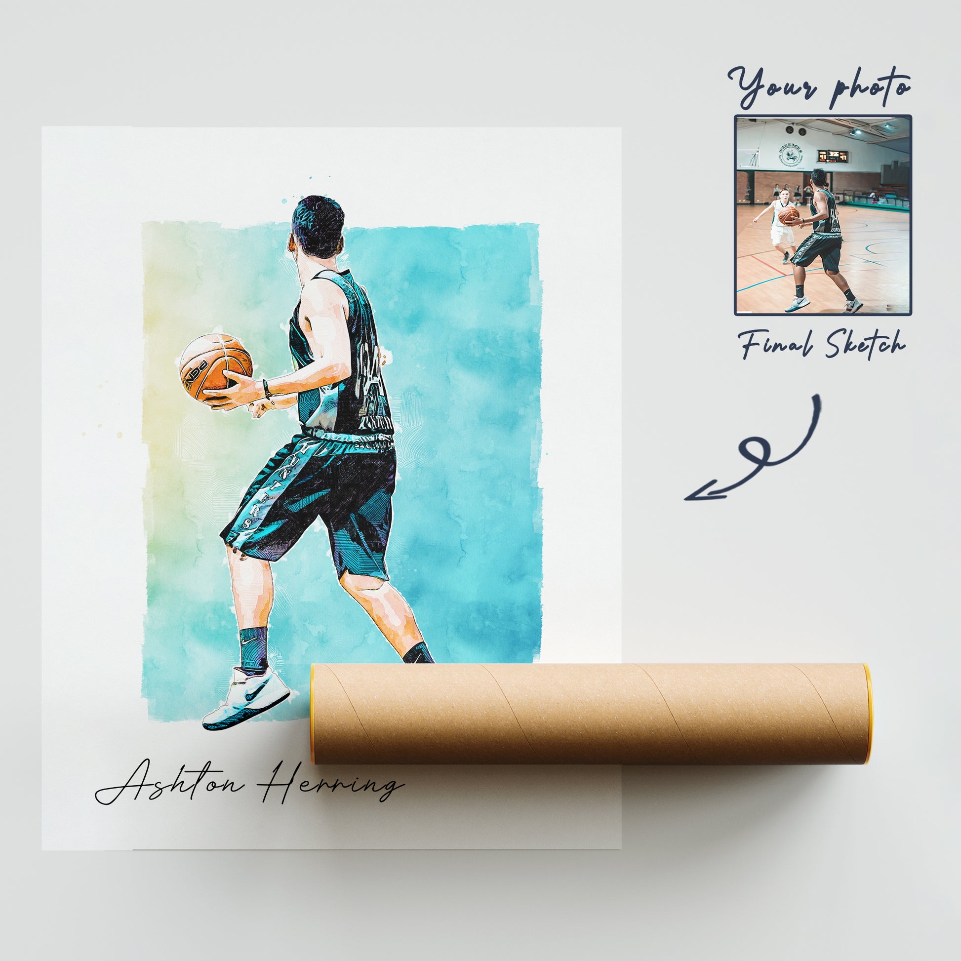 Hapilys Custom Basketball Player Gift, Custom Sketch Painting From Photo, Custom Illustration Sketch Effect, Premium Posters