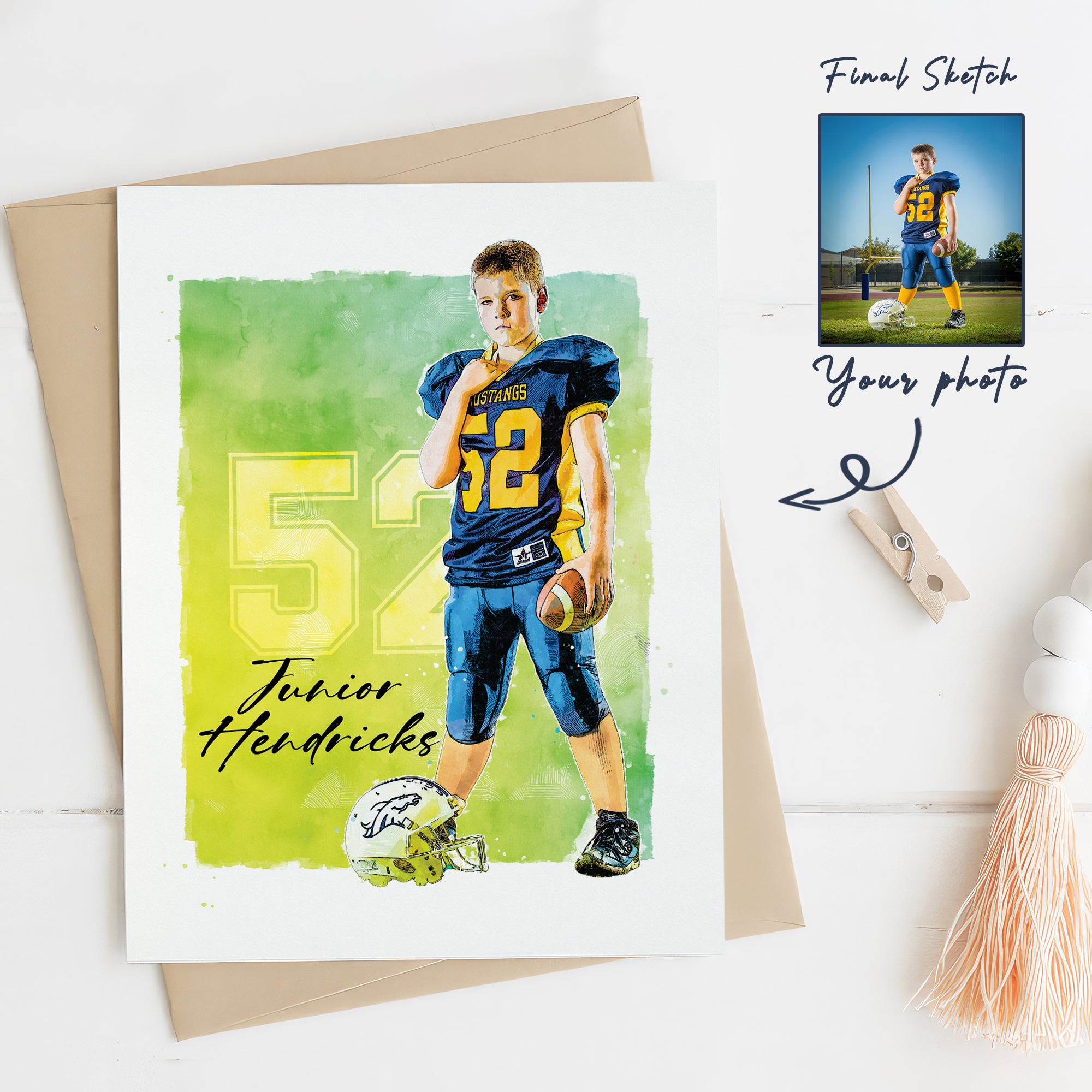 Custom American Football Player Gift, Custom Illustration Sketch Painting Premium Posters