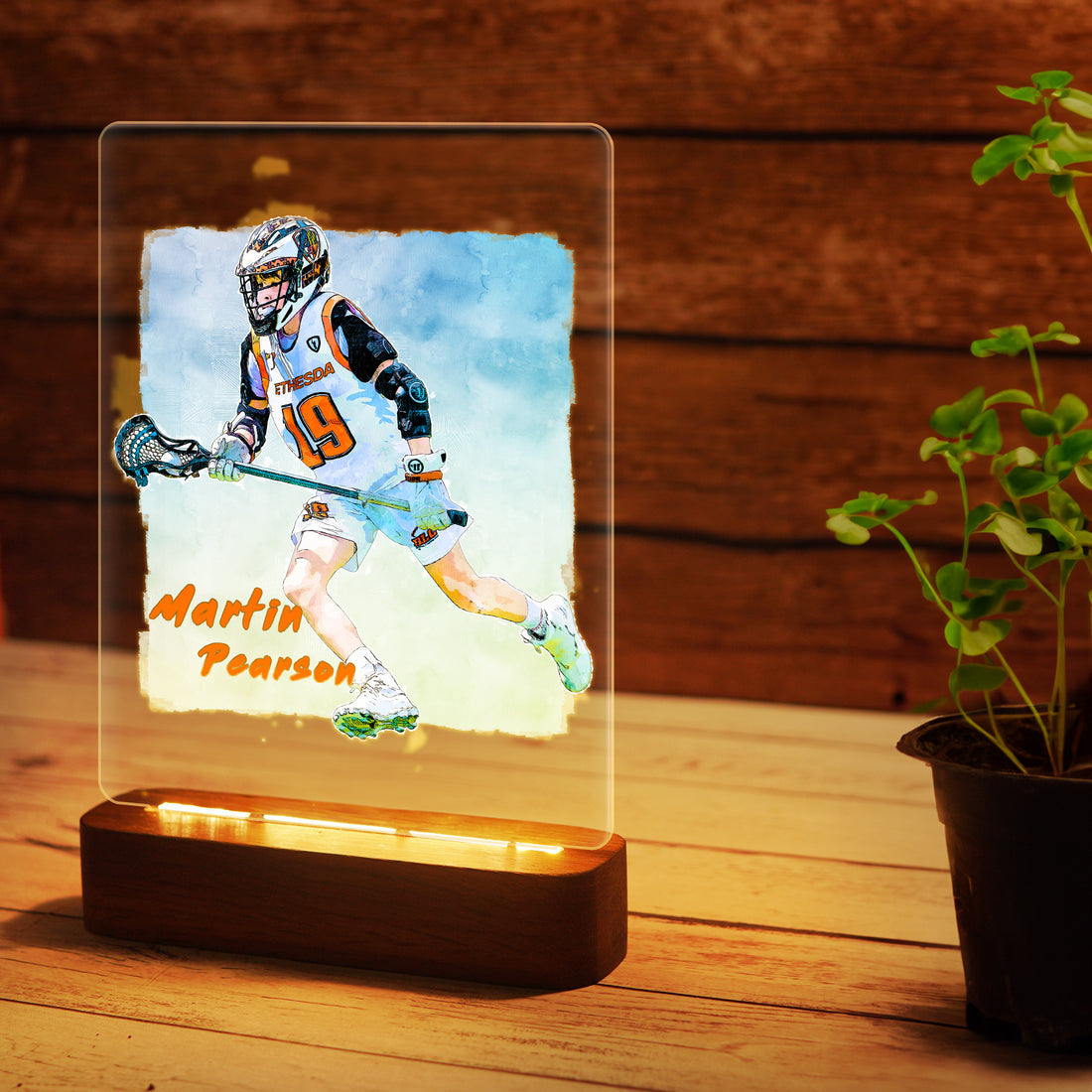 Custom Lacrosse Player Sketch Painting Wooden LED Light