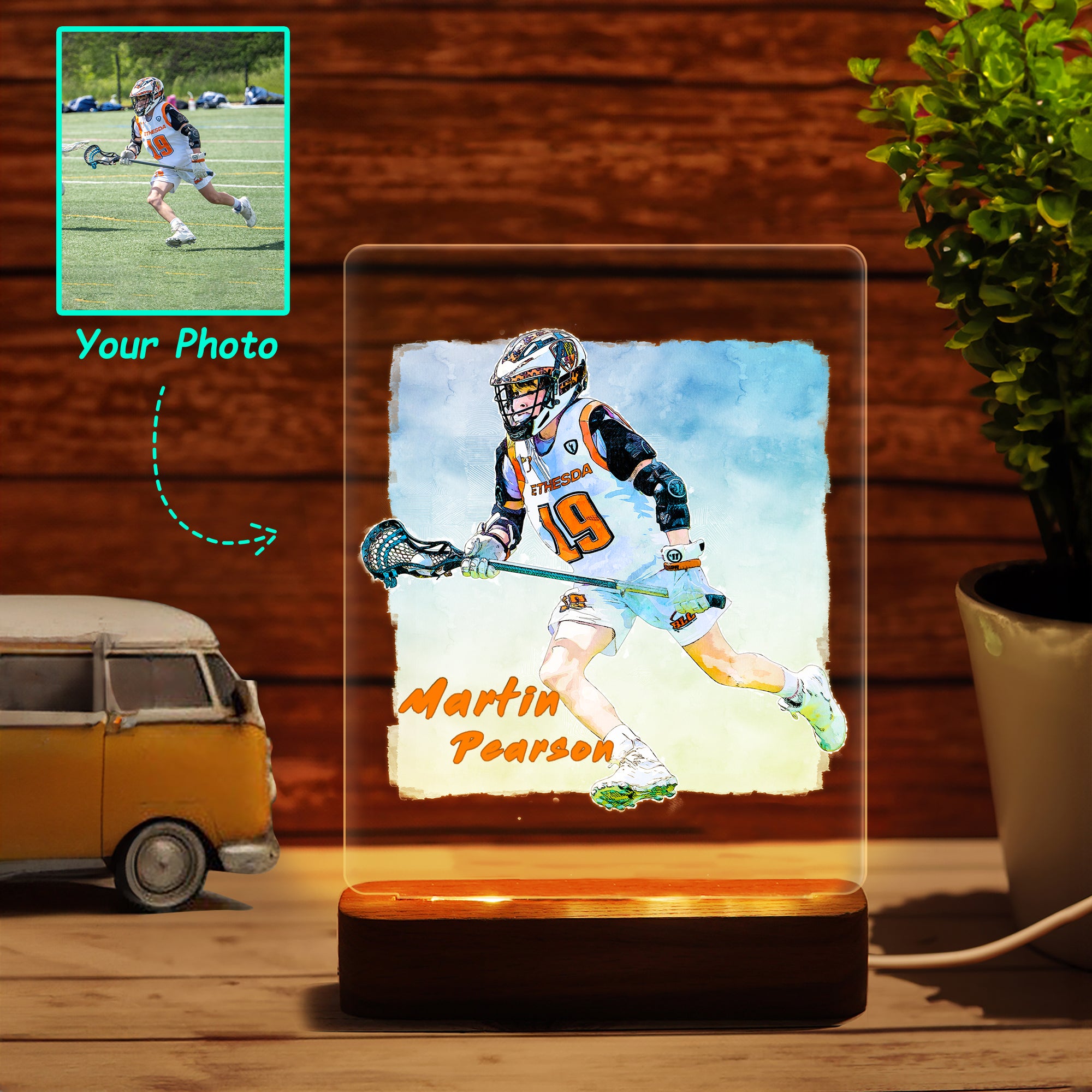 Custom Lacrosse Player Sketch Painting Wooden LED Light