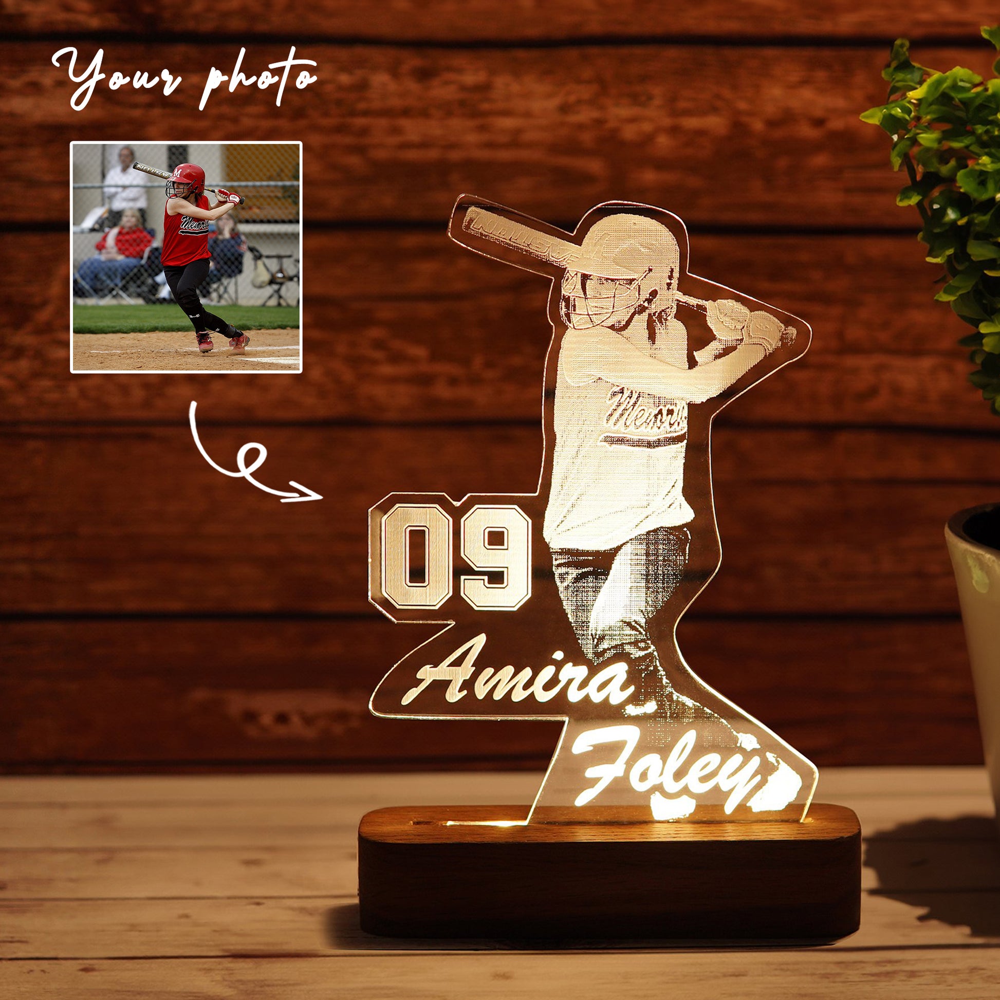 Customized Baseball Player Wooden LED Night Light - Hapilys - Stunning Custom Art