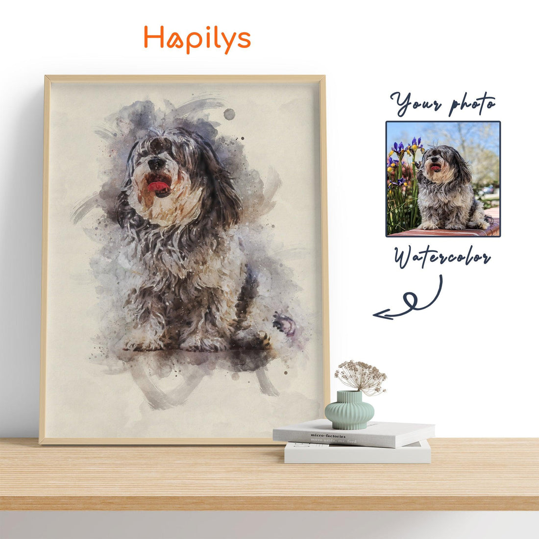 Hapilys Hapilys Pet Digital Painted From Photo, Custom Pet Portrait, Watercolor Pet Painting, Pet Memorial Gift Framed Canvas