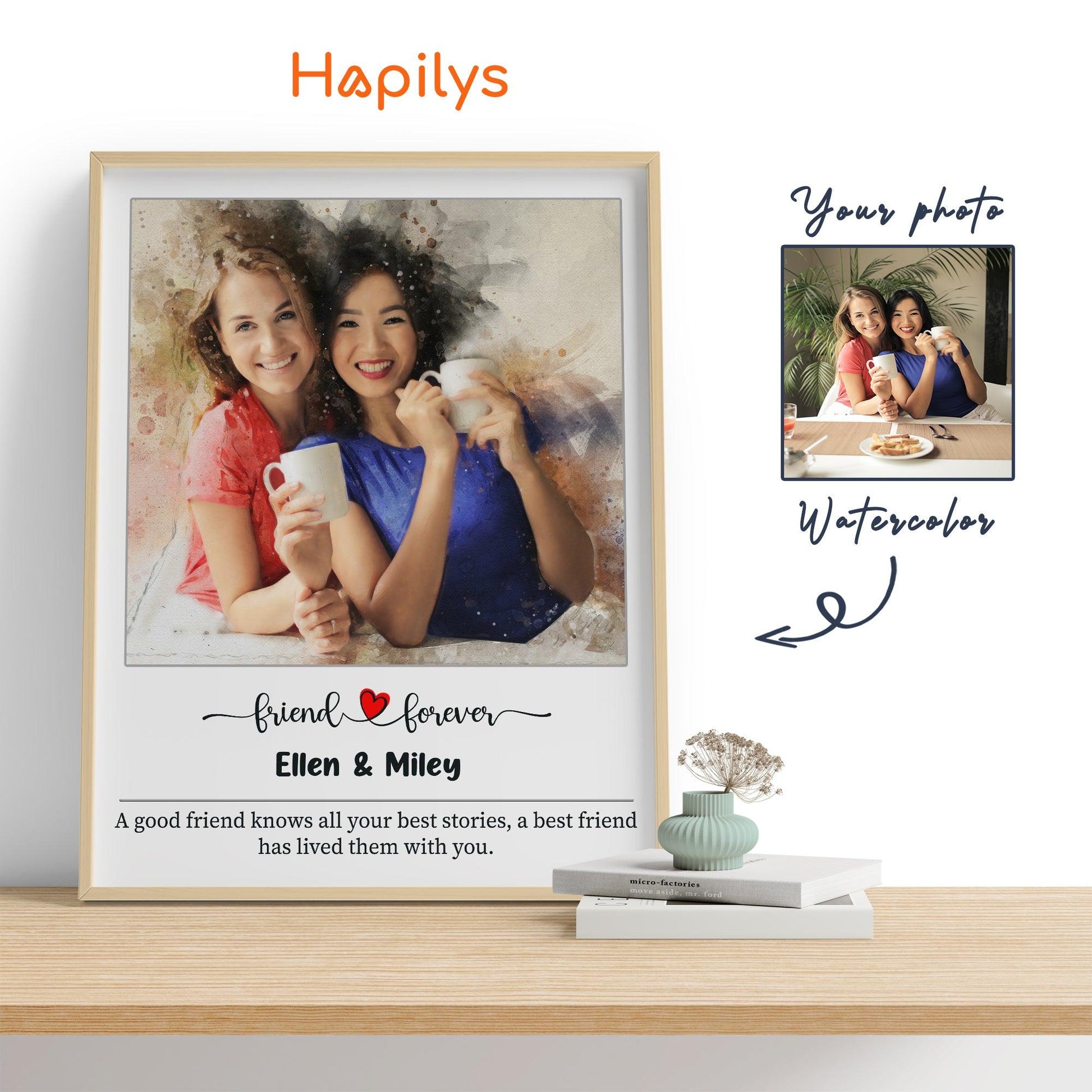 Hapilys Custom Watercolor Portrait Painting from Photo, Best Friends Portrait, Best Friend Birthday Gift, Friendship Framed Canvas Gift