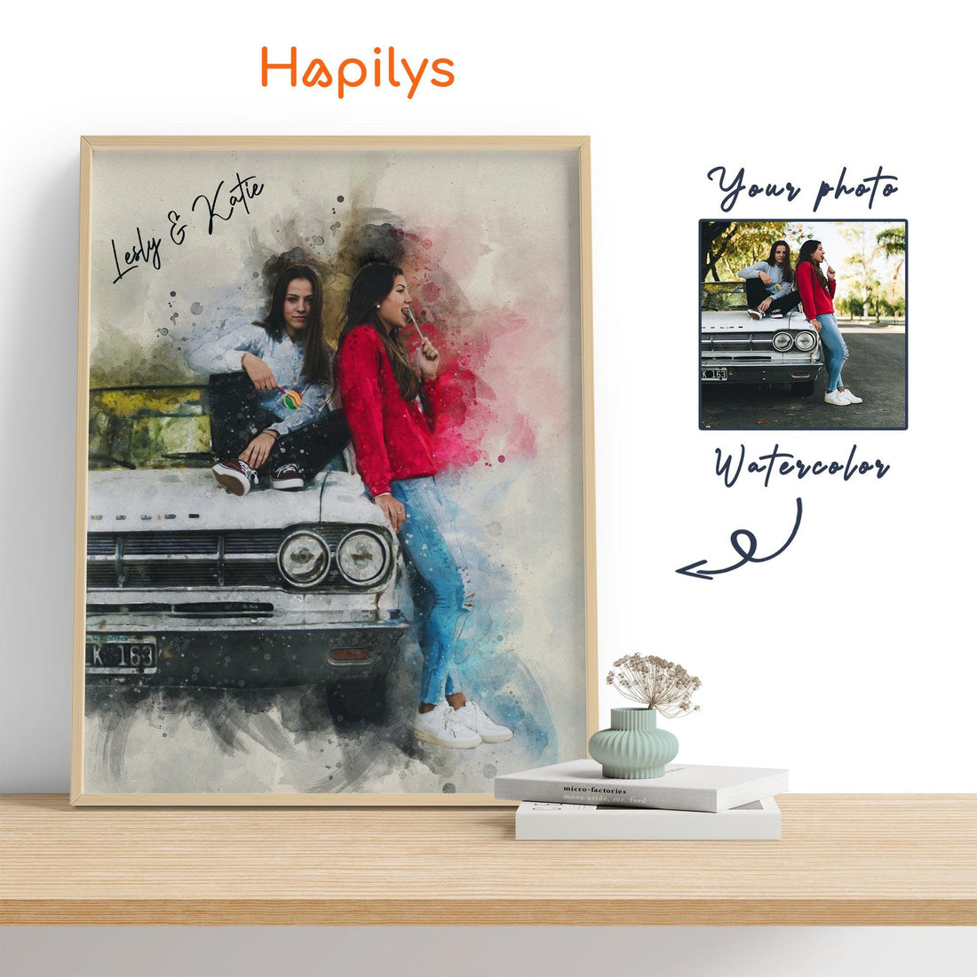 Hapilys Hapilys Custom Best Friend Birthday Gift, Watercolor Portrait Painting from Photo, Best Friend Gift Framed Canvas