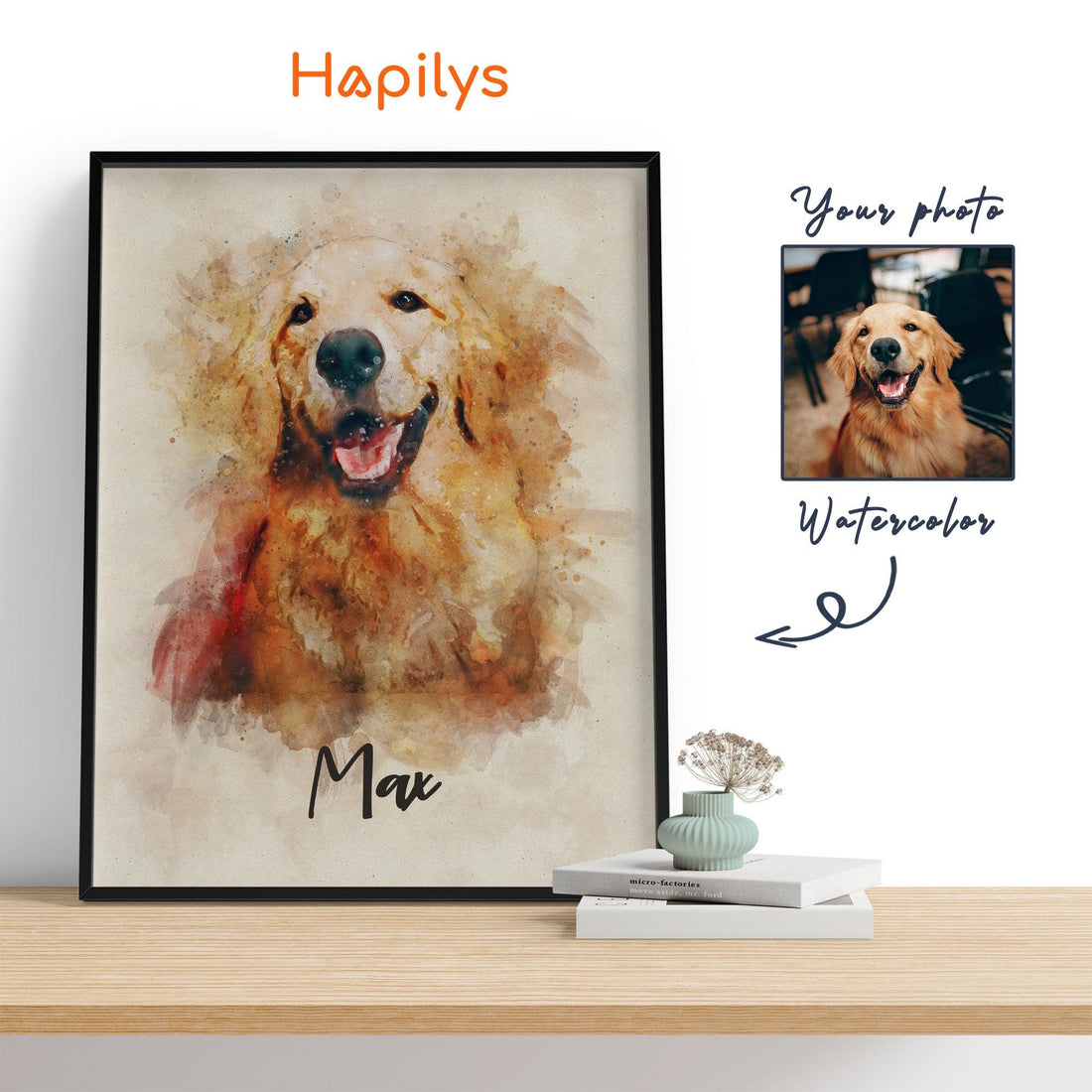 Hapilys Hapilys Pet Digital Painted From Photo, Custom Pet Portrait, Watercolor Pet Painting, Pet Memorial Gift Framed Canvas