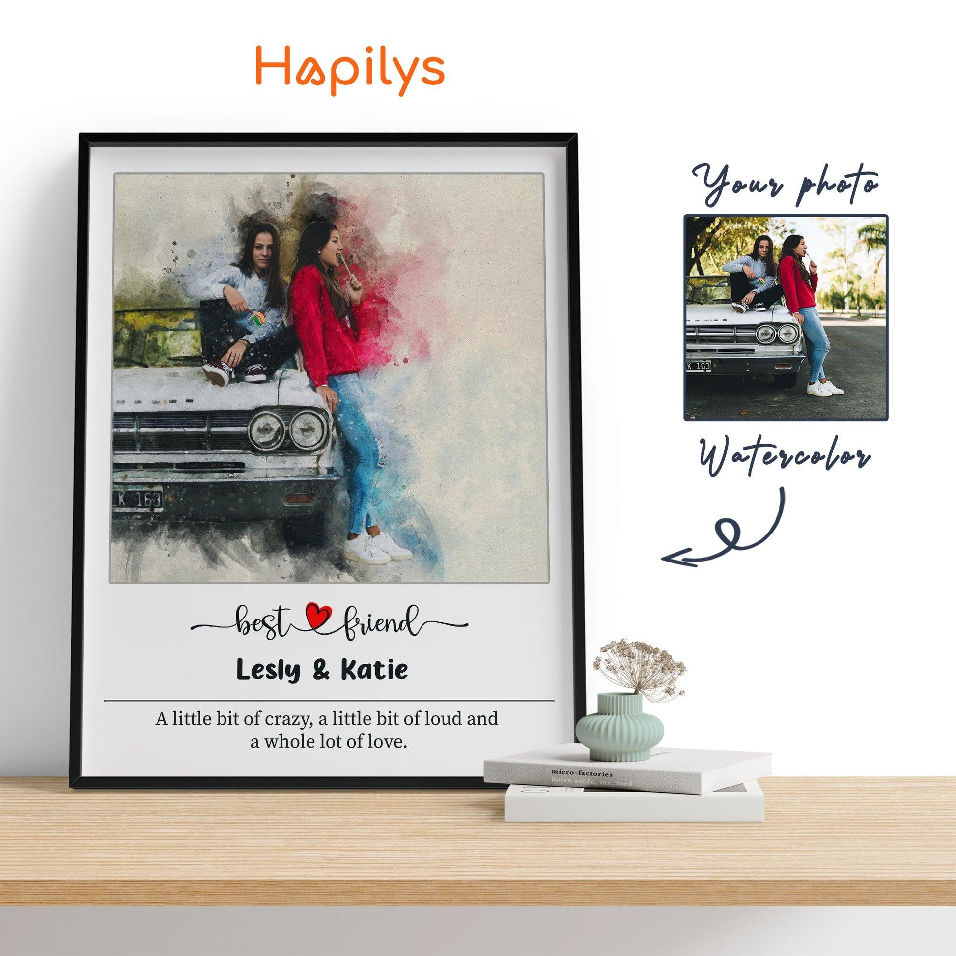 Hapilys Custom Watercolor Portrait Painting from Photo, Best Friends Portrait, Best Friend Birthday Gift, Friendship Framed Canvas Gift