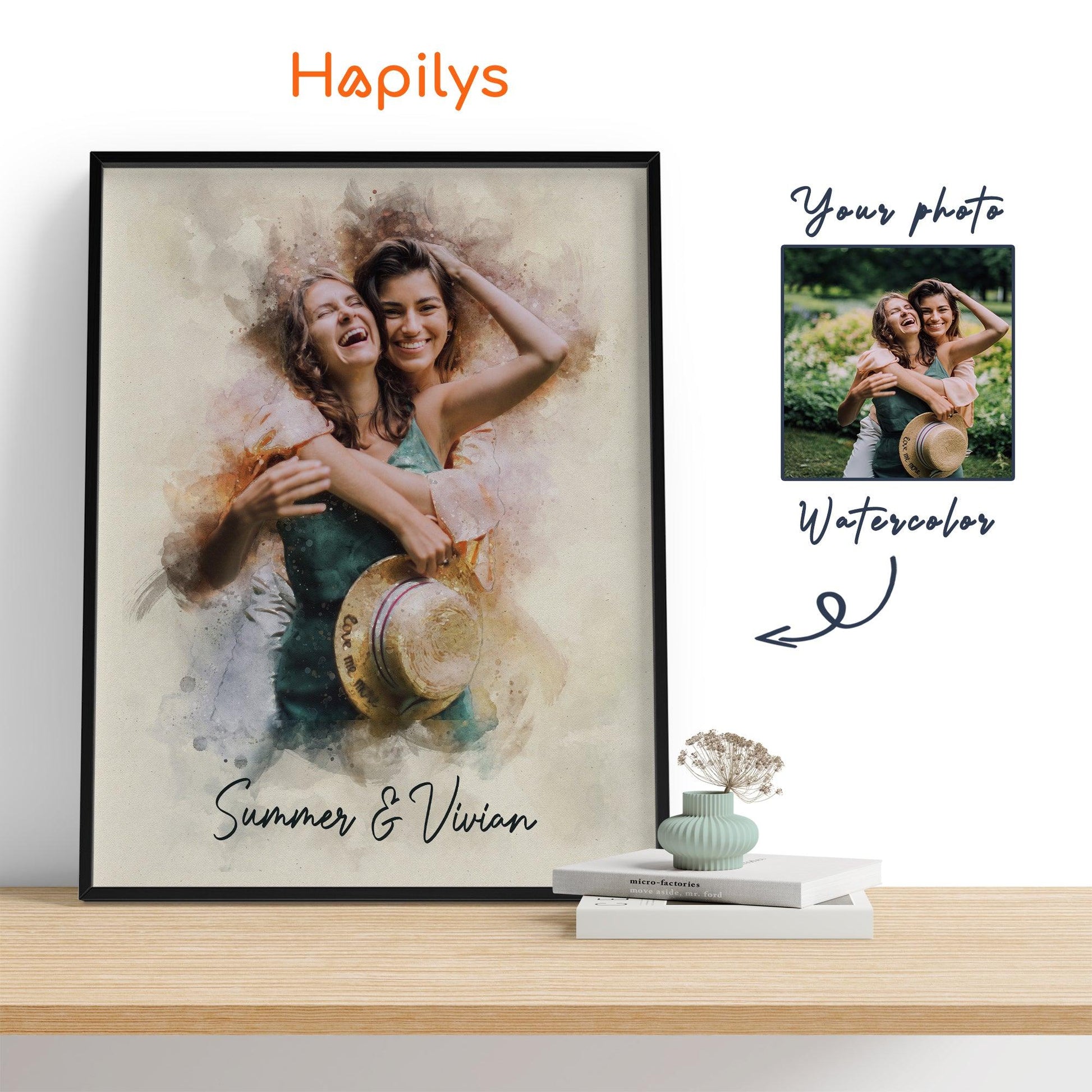 Hapilys Hapilys Custom Best Friend Birthday Gift, Watercolor Portrait Painting from Photo, Best Friend Gift Framed Canvas