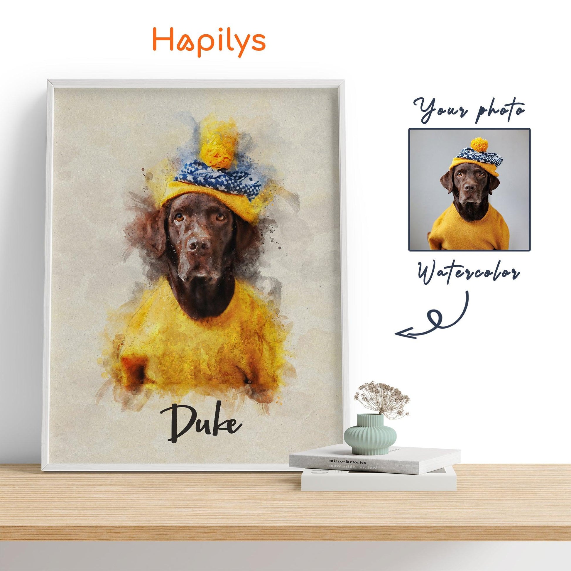 Hapilys Hapilys Pet Digital Painted From Photo, Custom Pet Portrait, Watercolor Pet Painting, Pet Memorial Gift Framed Canvas