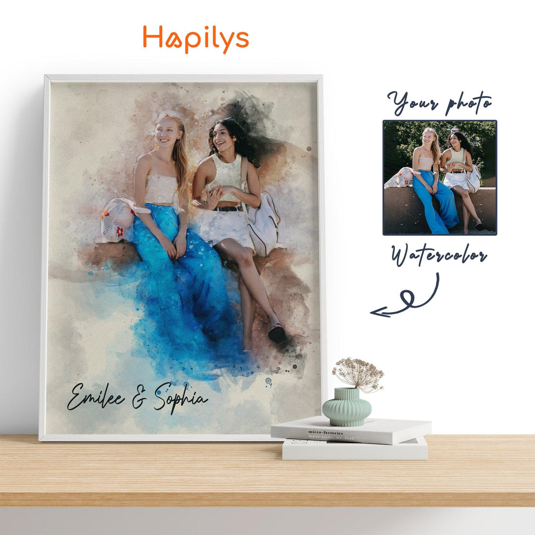 Hapilys Hapilys Custom Best Friend Birthday Gift, Watercolor Portrait Painting from Photo, Best Friend Gift Framed Canvas