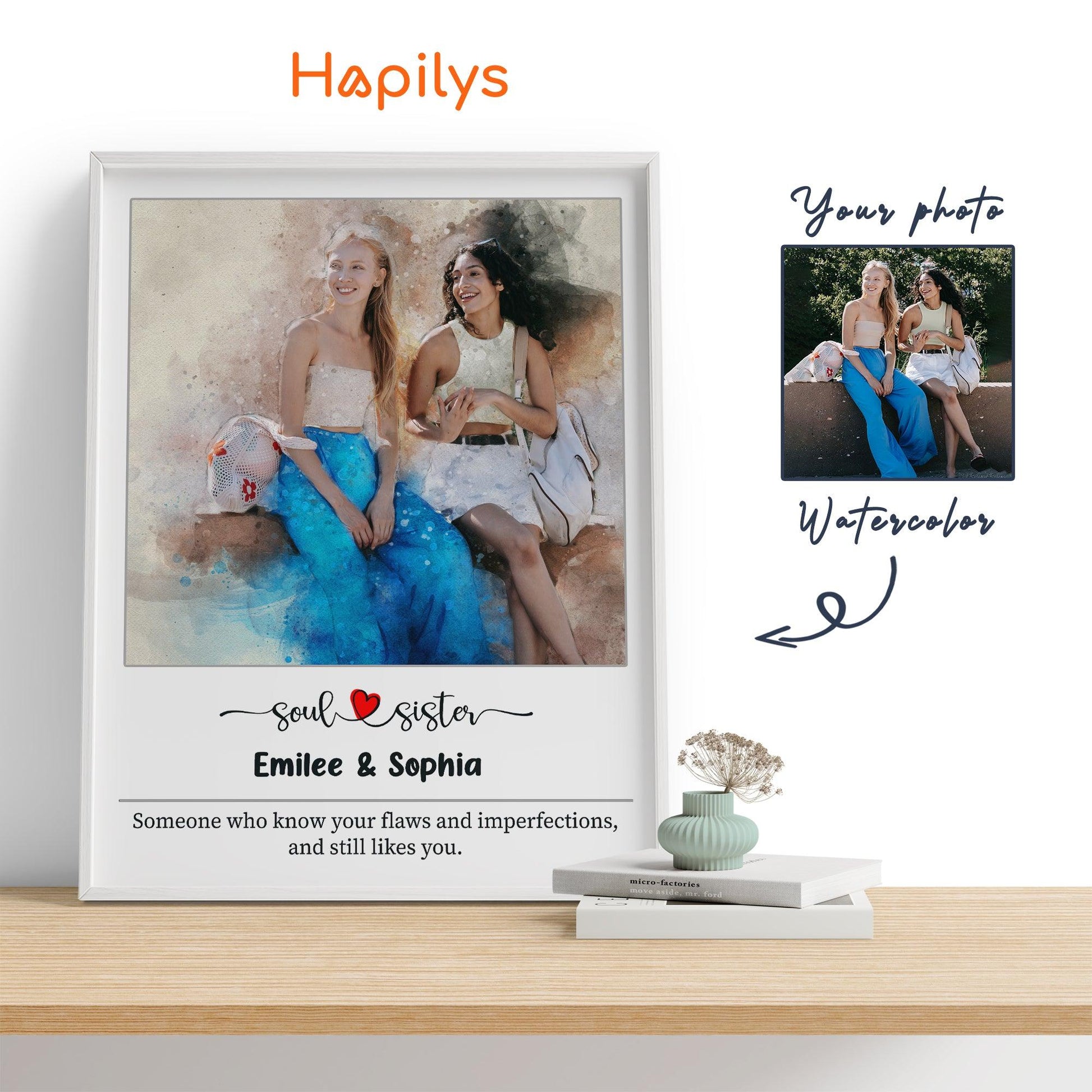 Hapilys Custom Watercolor Portrait Painting from Photo, Best Friends Portrait, Best Friend Birthday Gift, Friendship Framed Canvas Gift