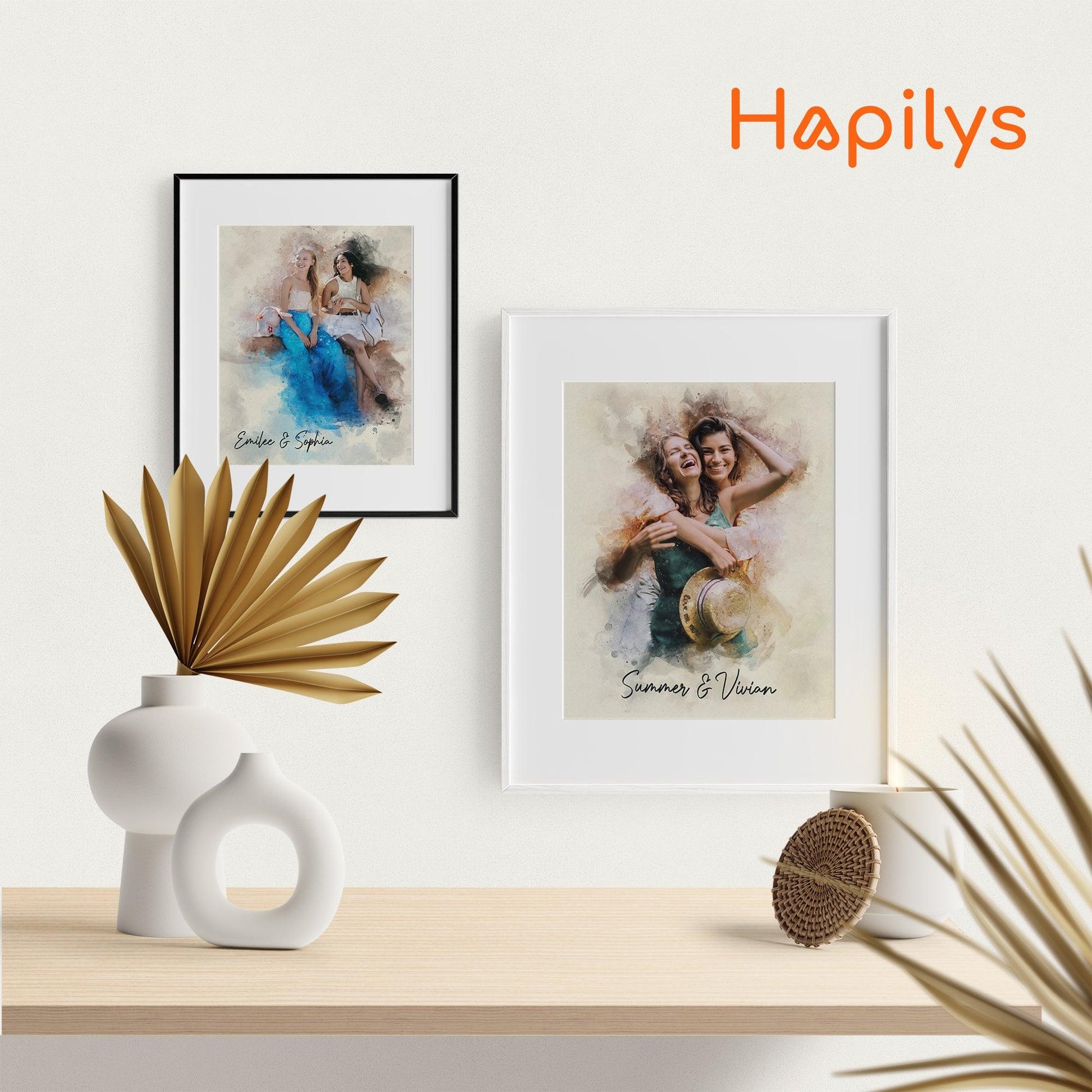 Hapilys Custom Best Friend Birthday Gift, Watercolor Portrait Painting from Photo, Best Friend Gift Framed Canvas